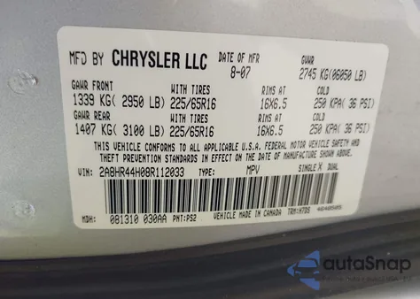 2008 Chrysler Town & Country Lx из США, поврежденный, VIN 2A8HR44H08R112033